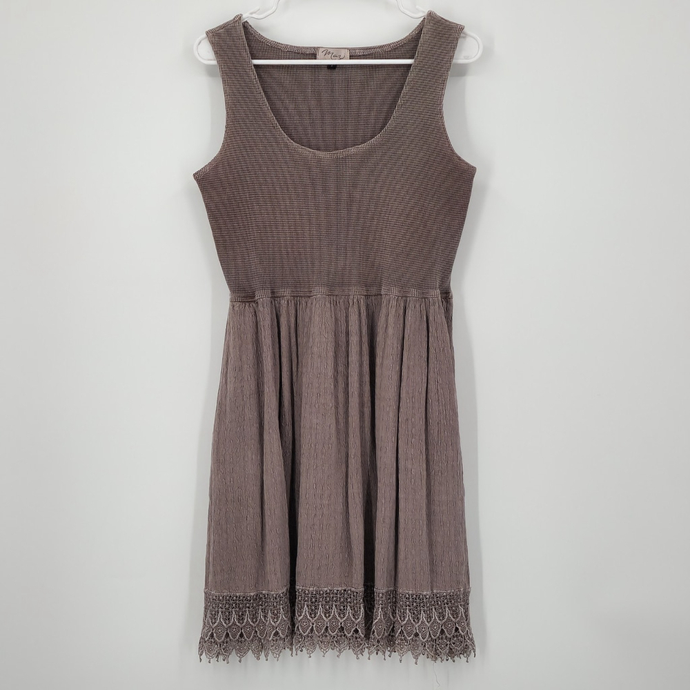 Mazi sleeveless waffle knit dress pleated skirt crocheted lace trim Bohemian 2
